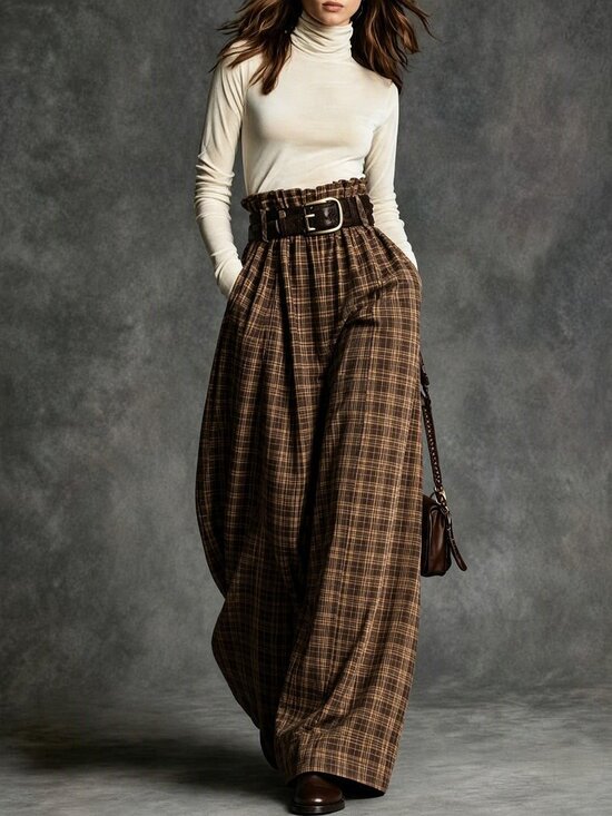 Pants - Multicolor Casual Women's High Waist Plaid Elastic Waist Wide Leg Pants